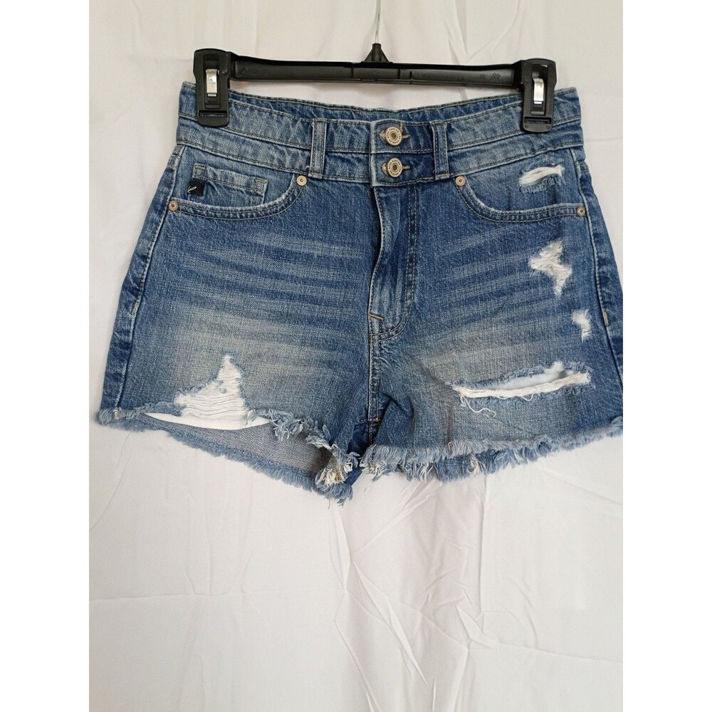 KanCan High Rise Distressed Denim Shorts Medium Wash Raw Hem